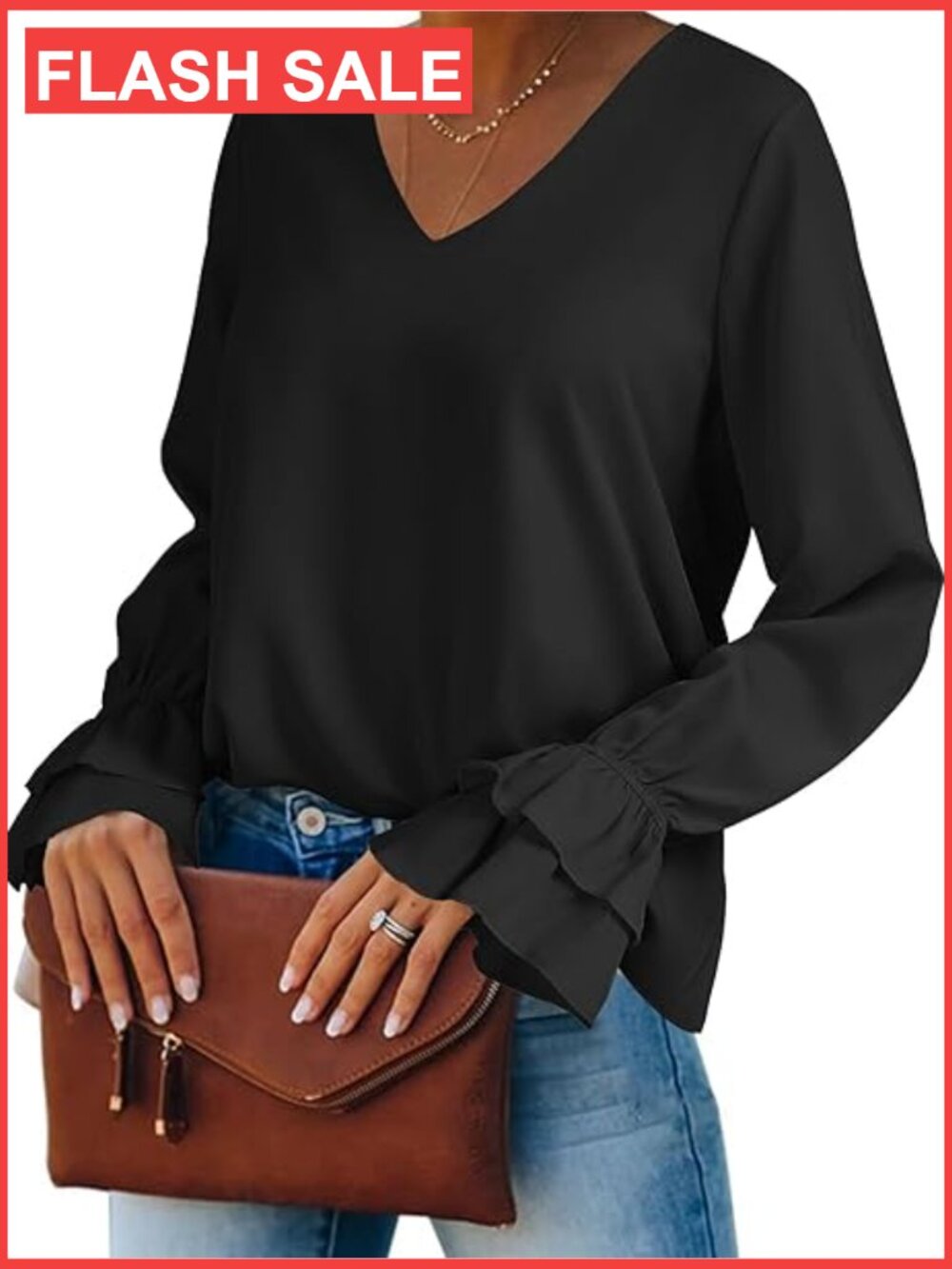 V Neck Tiered Ruffle Bell Long Sleeve Blouse Tunic Top